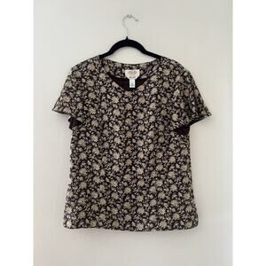 Talbots Size 8 Vintage 90s Pure Silk Brown Floral Blouse Cottagecore prairie